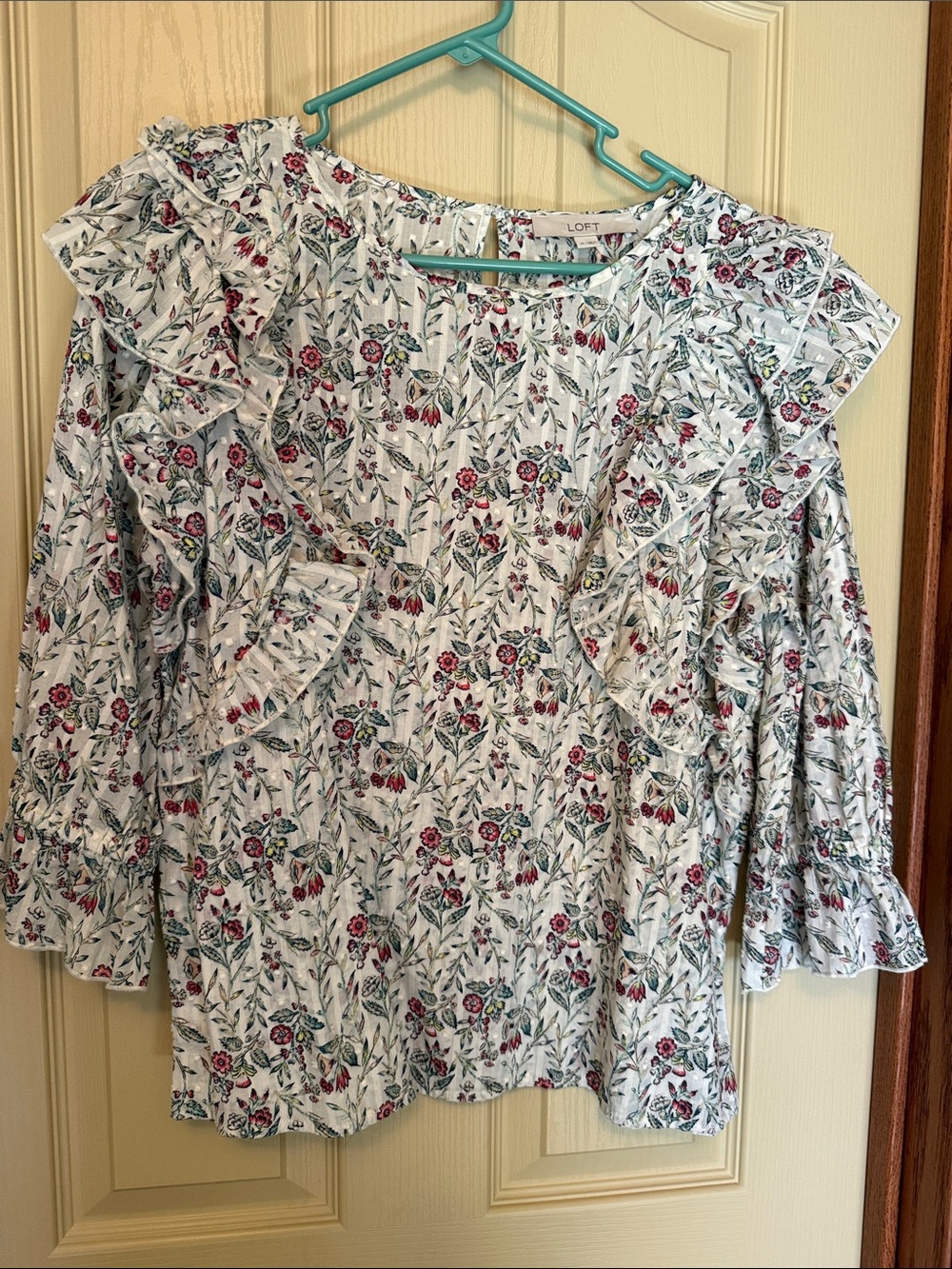 LOFT White Floral Ruffle Blouse with Red & Green Print